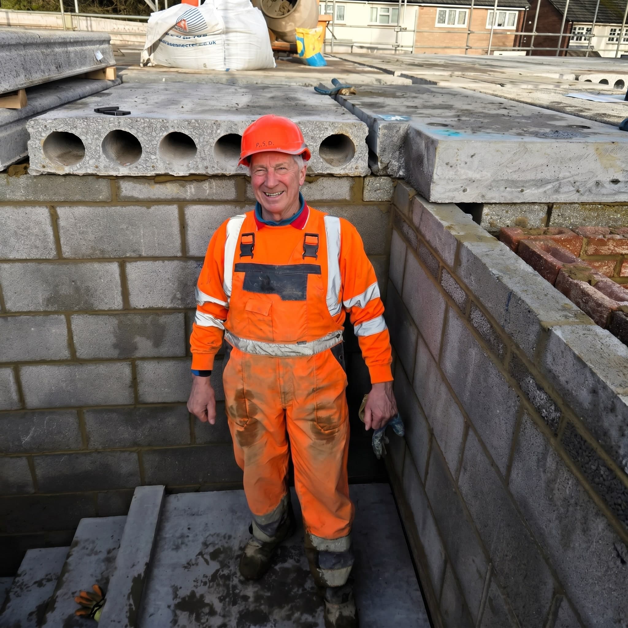 Smiling Graceland operative in orange overalls and hard hat on site