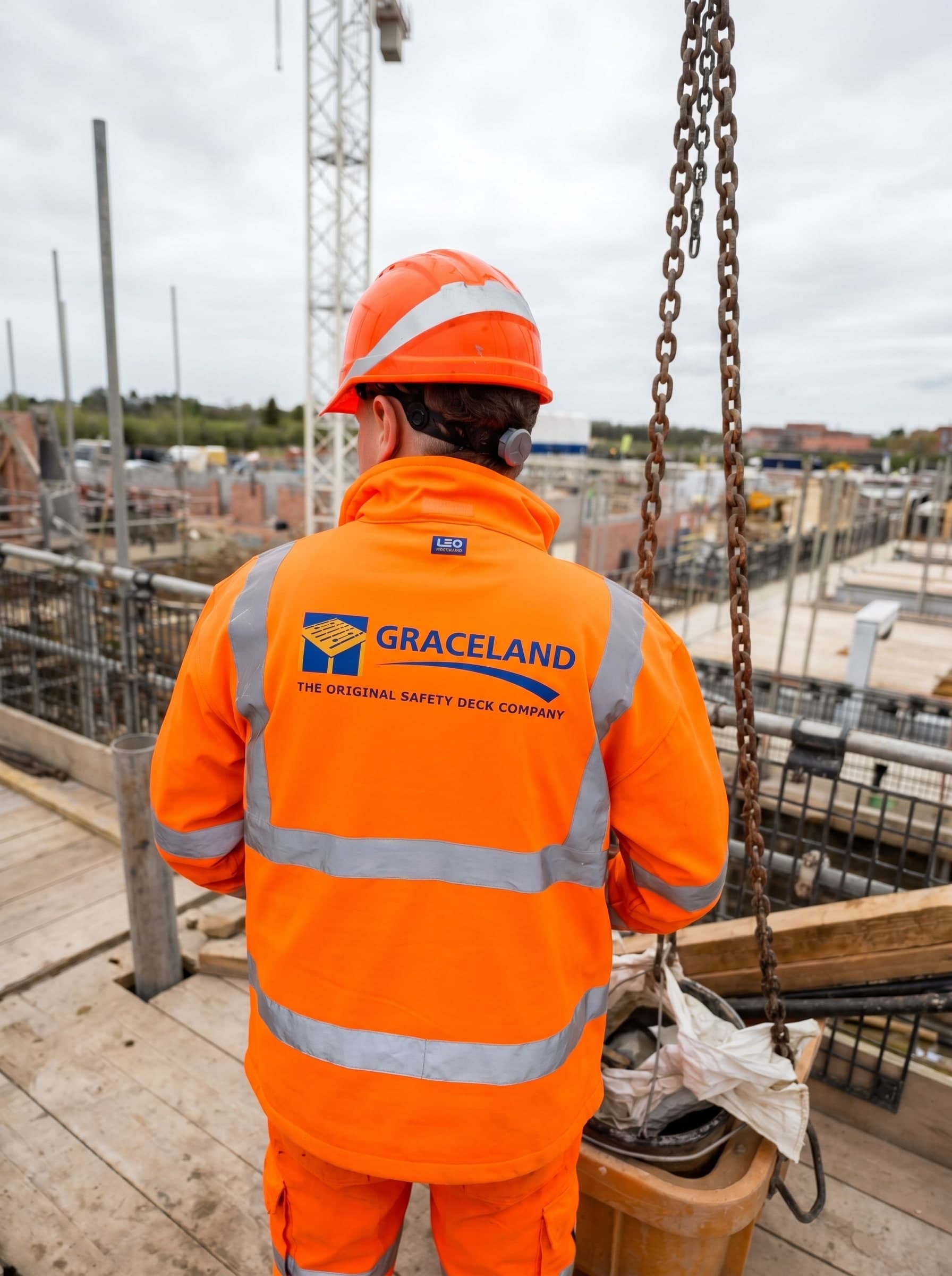 Graceland operative in branded hi-vis overlooking a housebuilding site