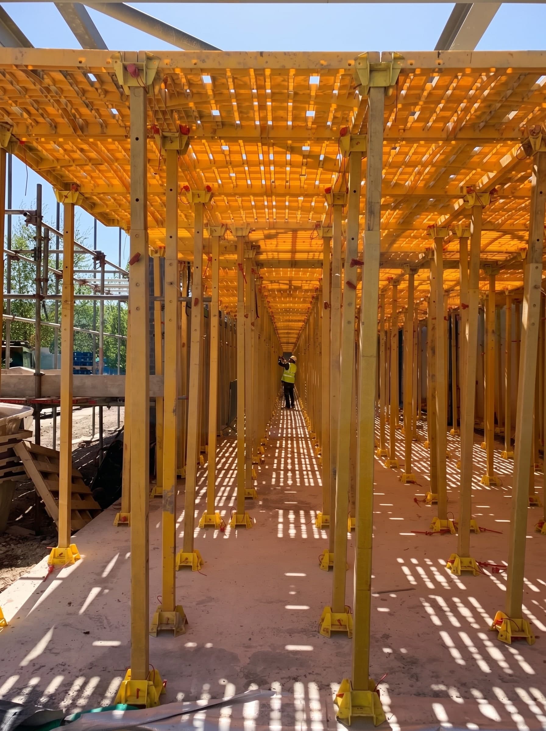 Underside of a Trad Deck platform, an operative checking the leg units at the far end